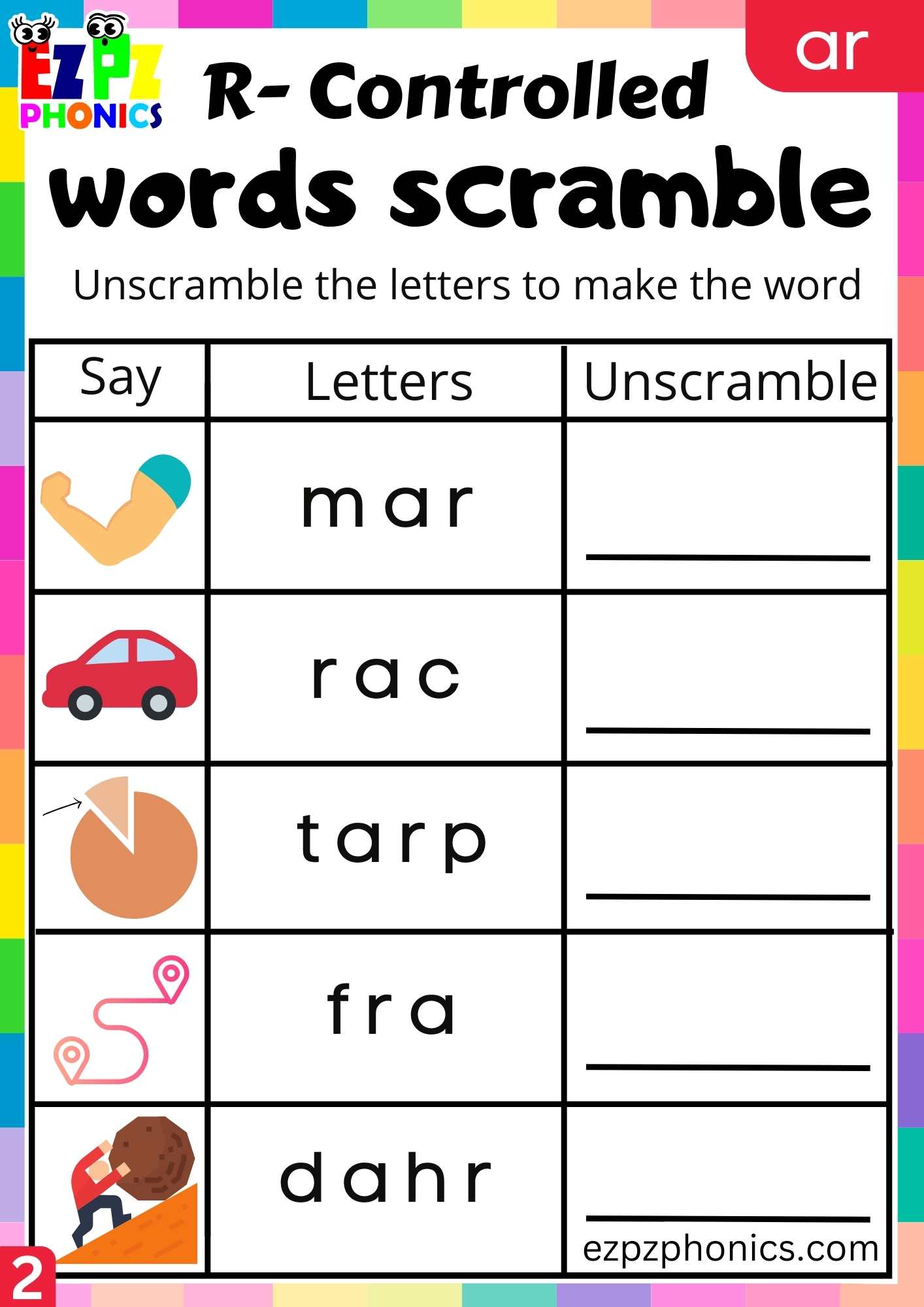 Word scramble activity for ar words R controlled vowels phonics group 2